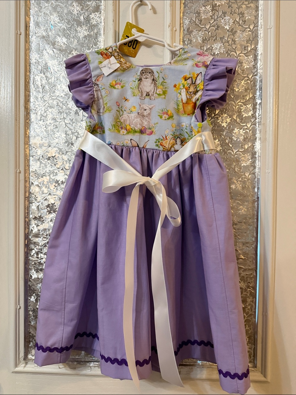 Lilac Bunny Print Girls' Formal Dress with Ivory Sash